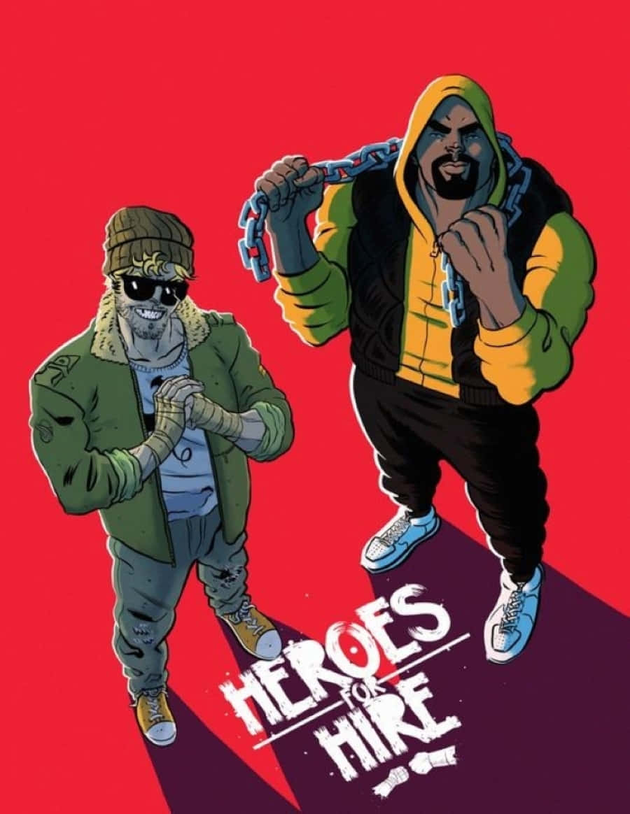 Heroes For Hire 桌布 壁紙 — 兩位風格化的漫畫英雄自信地站在大膽的紅色背景前，一位手持鎖鏈，另一位擺出戰鬥姿勢。