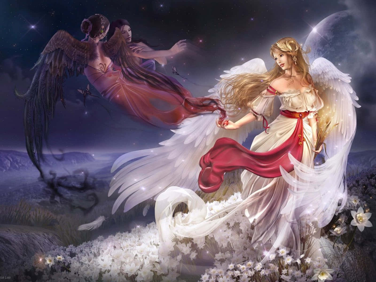 angels 桌布 壁紙 — 兩位飄逸的天使，身穿飄逸長袍，展開寬大的翅膀，在星光燦爛的天空下，懸浮在月光照耀的發光白色花朵田野上。