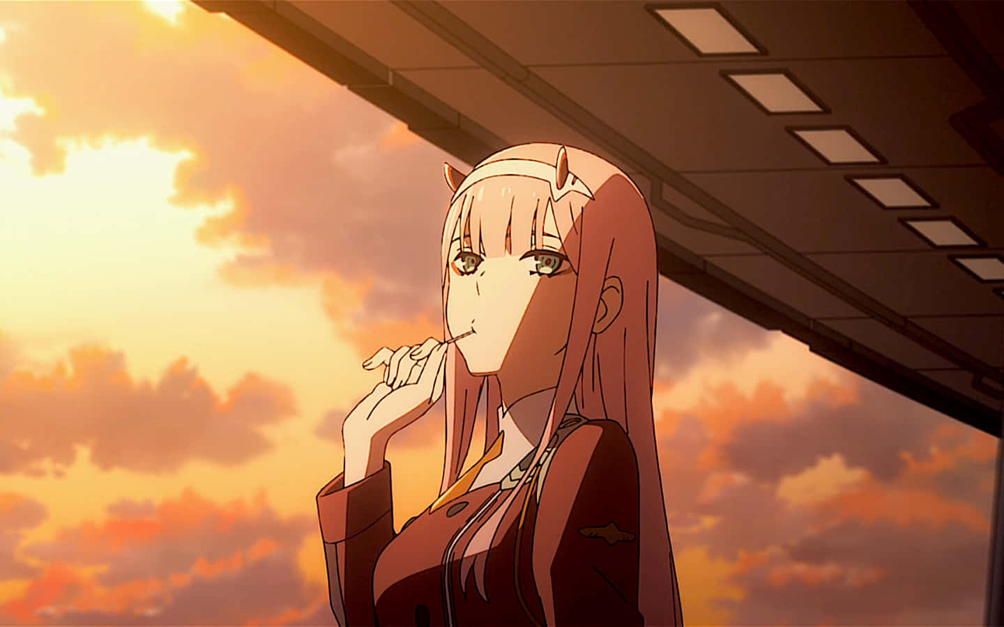 兩位飛行員在《Darling in the Franxx》中探索勇敢新世界 壁紙 — 一位粉紅色頭髮、貓耳朵的動漫女孩站在結構下，背景是充滿活力的日落天空。