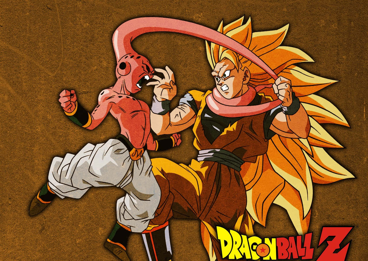 Buu Saga 桌布 壁紙 — 兩位龍珠Z戰士在紋理棕色背景前，以火熱能量和激烈表情進行動態動畫戰鬥。