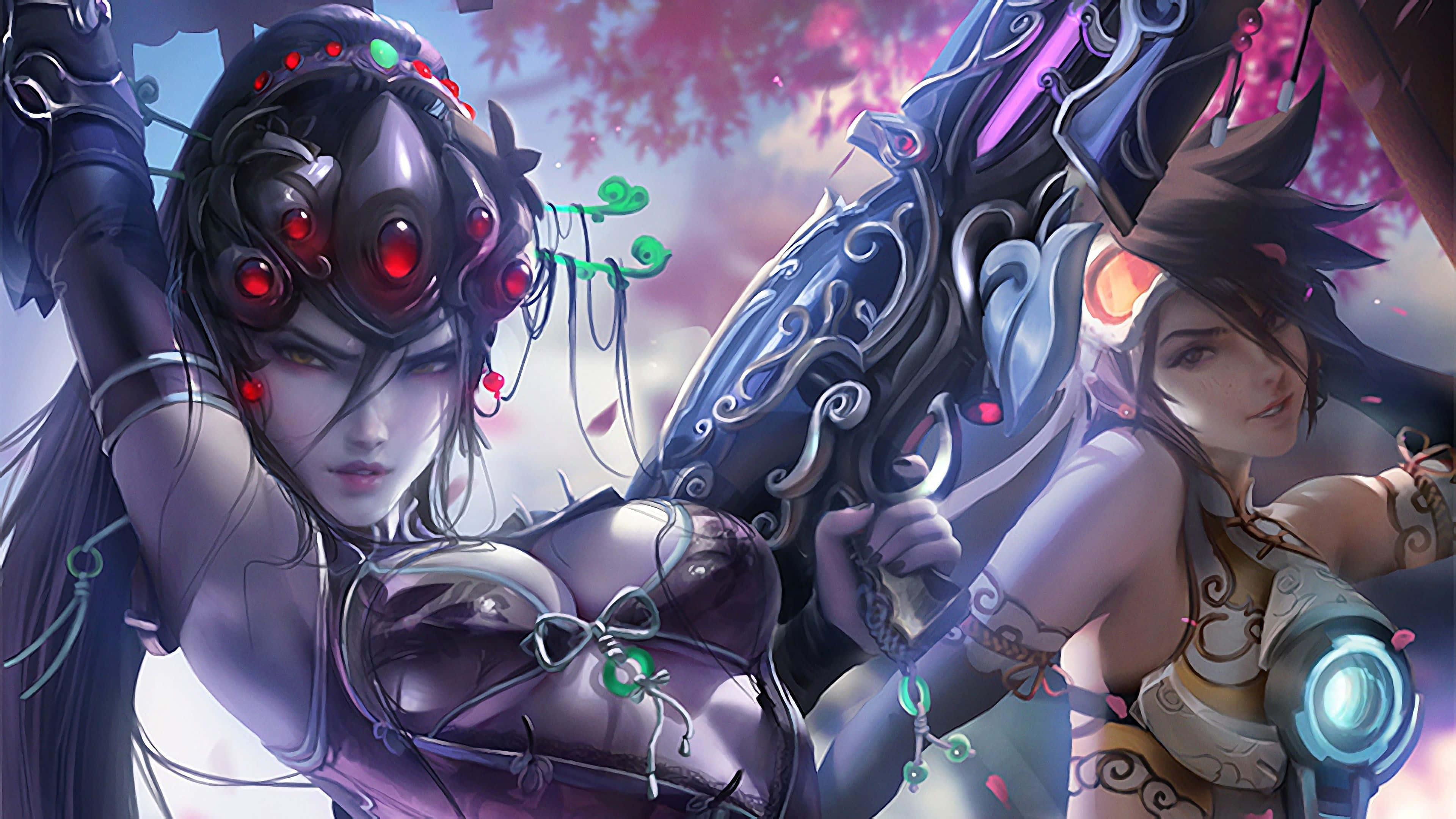Aesthetic Overwatch 桌布 壁紙 — 兩個 cyberpunk 動畫女性，擁有發光的紅色眼睛和未來風格的盔甲，站在粉紅色的櫻花中。