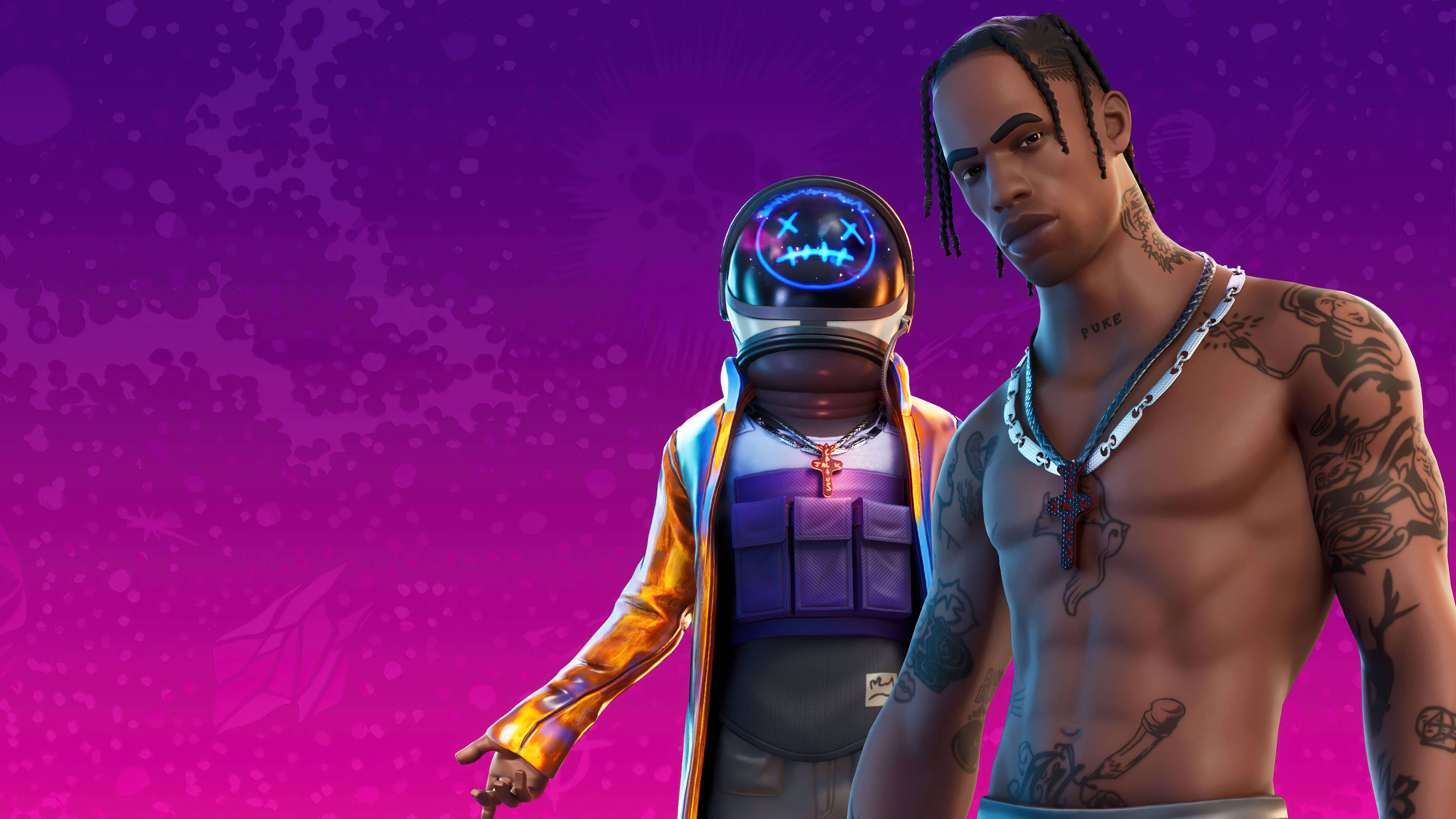 Cactus Jack Fortnite 壁紙 — 兩個 Fortnite 角色，一個戴著發光頭盔和金色外套，另一個是紋身男子戴著十字架項鍊，背景是充滿活力的紫粉漸變色。