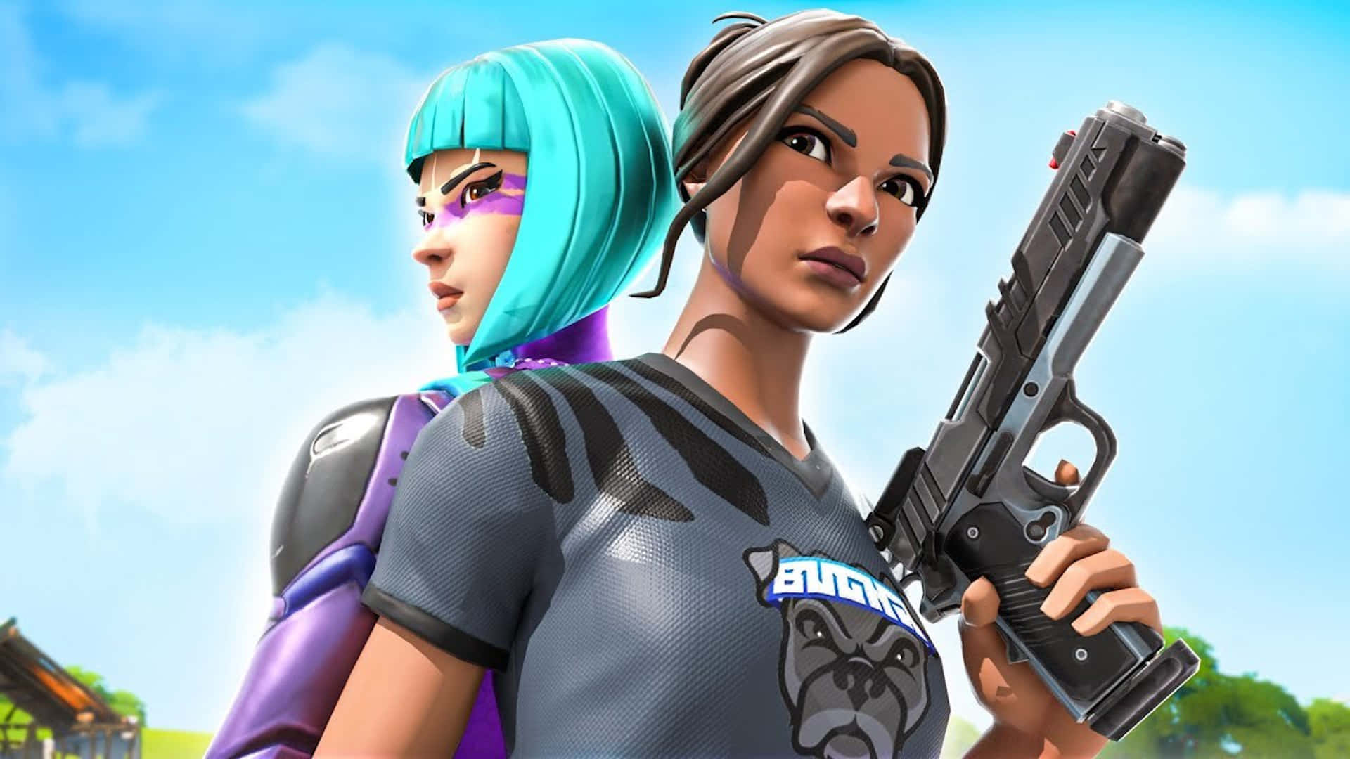 Cooperative Gameplay 桌布 壁紙 — 兩個 Fortnite 角色並肩站立，一個有青色頭髮和紫色點綴，另一個在明亮的藍天下拿著手槍。