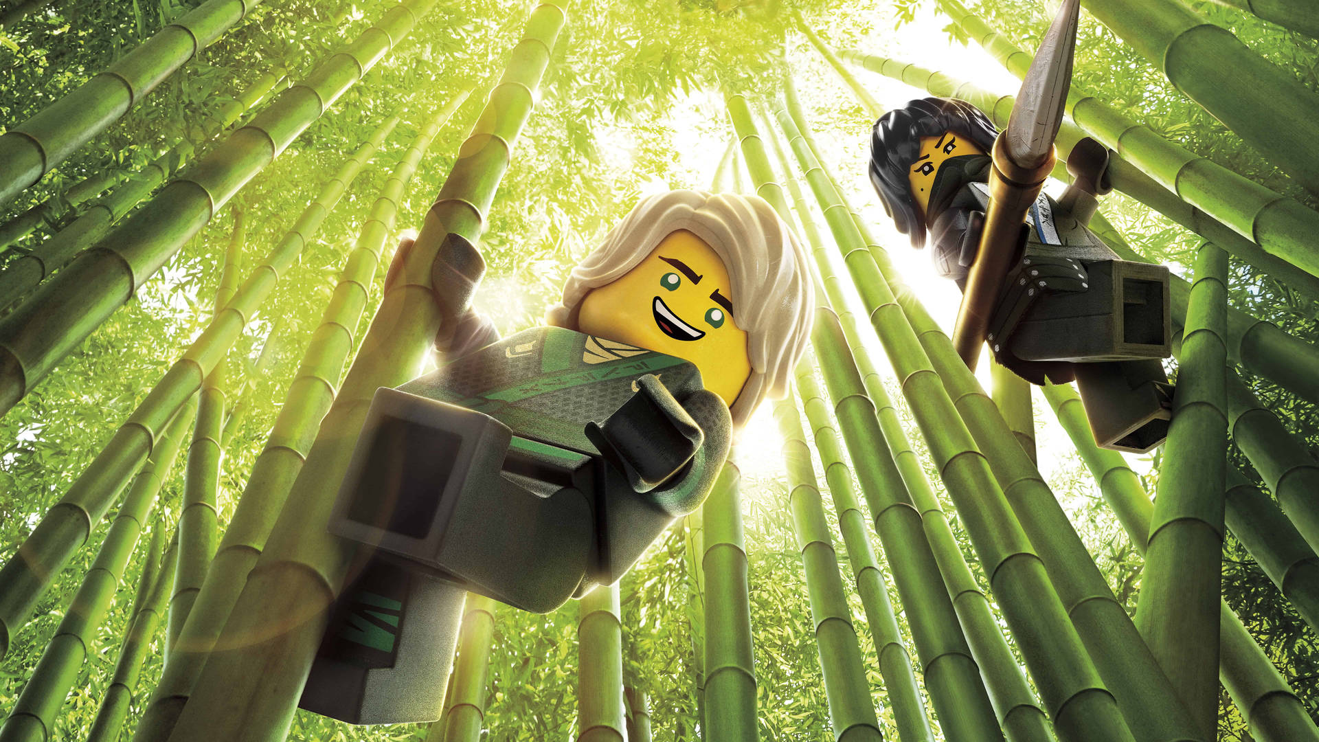 兩個 LEGO Ninjago 角色在沐浴陽光的竹林中盪漾。 — 樂高 GIF 壁紙
