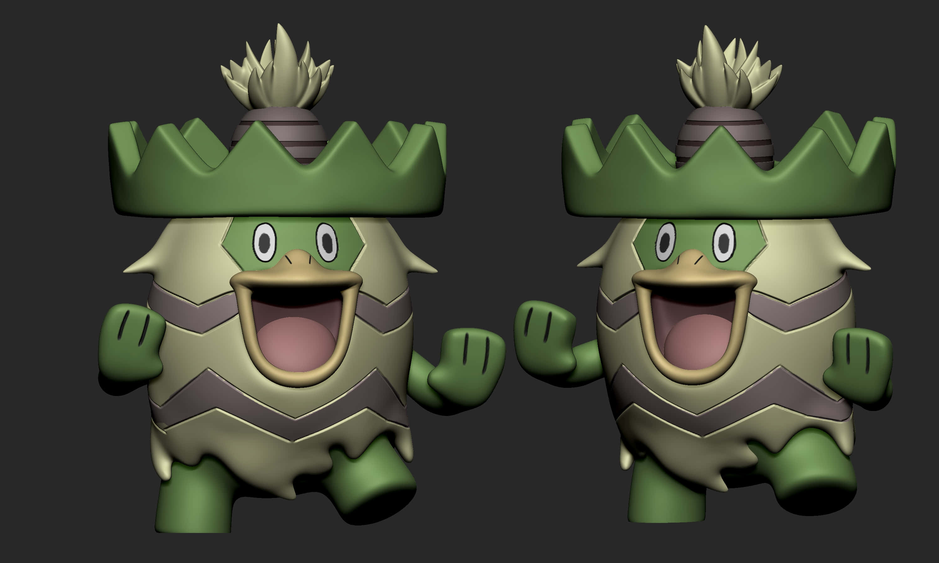 兩個 Ludicolo 的 3D 模型 壁紙 — 兩隻快樂的3D渲染寶可夢修建老匠並肩站立，露出燦爛的笑容，頭戴皇冠般的頭飾。