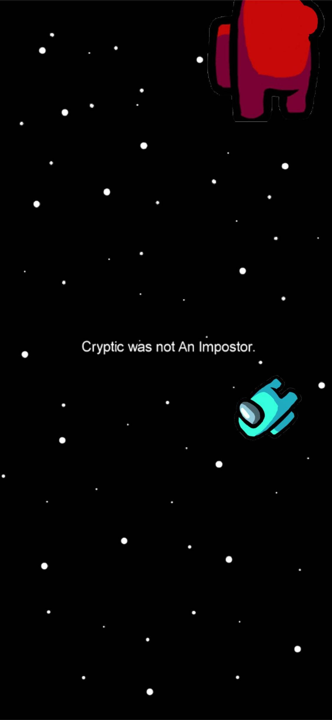 Among US 桌布 壁紙 — 兩個Among Us角色在星空漂浮，文字宣告'Cryptic不是Impostor。'