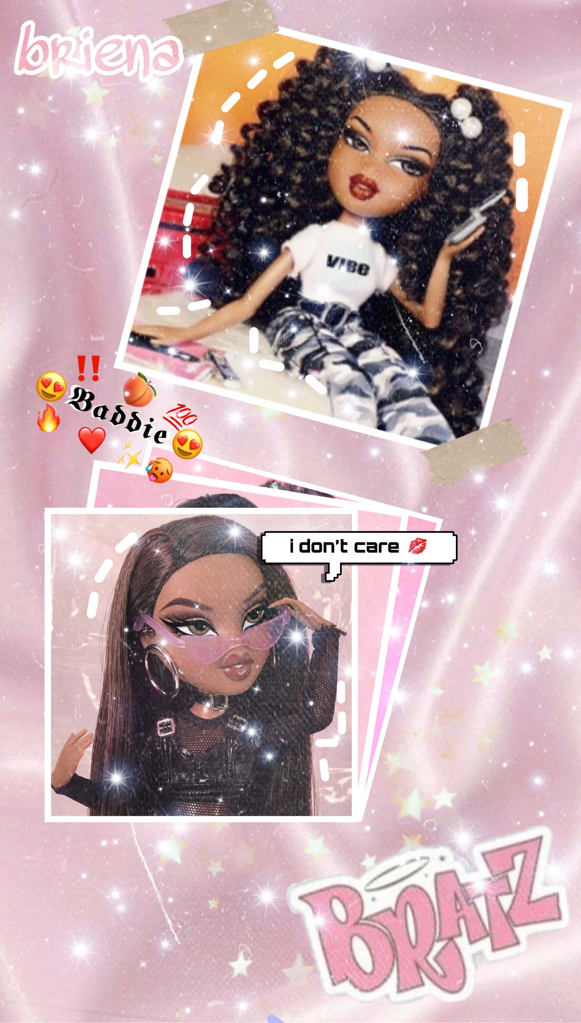 baddie 桌布 壁紙 — 兩個Bratz公仔，化著大膽妝容，穿著時尚服裝，在閃爍的粉紅色背景前擺姿勢，背景上有星星和文字疊加。
