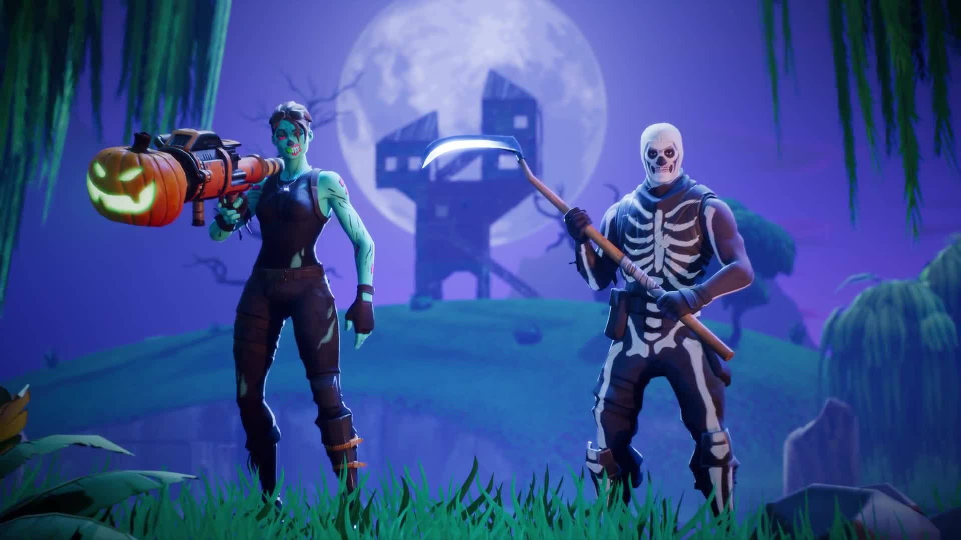 Fortnite 造型 桌布 壁紙 — 兩個Fortnite角色，一個發光南瓜發射器喪屍和一個揮舞鐮刀的骷髏，站在一個詭異的紫色月光沼澤中。