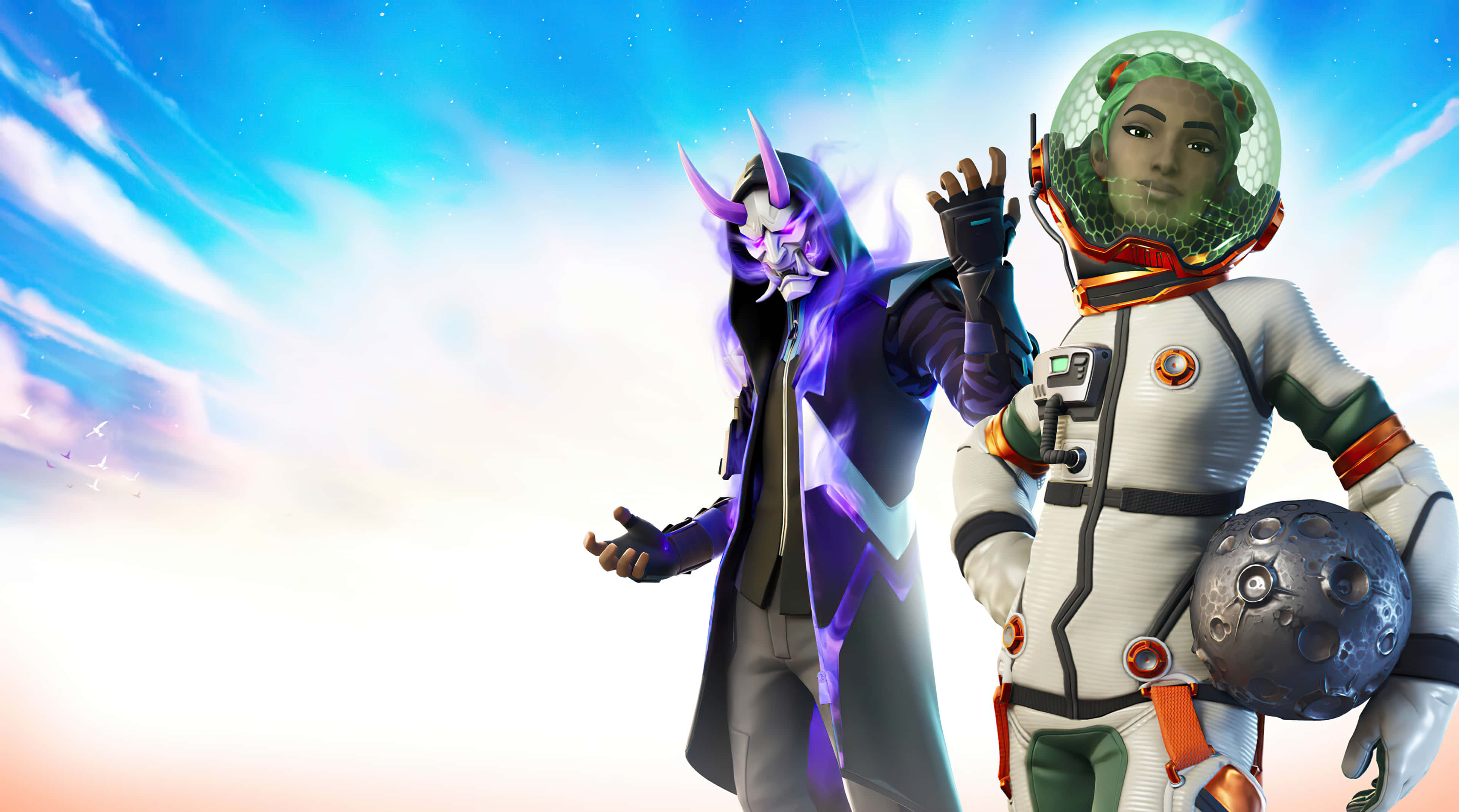 Fortnite Chapter 3 桌布 壁紙 — 兩個Fortnite角色，一個穿著發光紫色盔甲，另一個穿著太空衣，在明亮的天空下拿著月球岩石。