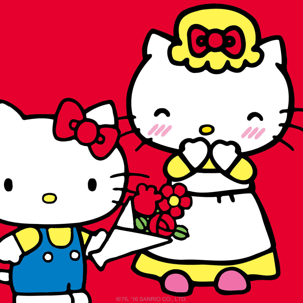 Mary White 桌布 壁紙 — 兩個Hello Kitty角色以卡通風格呈現，一個身穿藍色工人褲手持玫瑰，另一個身穿黃色連衣裙配蝴蝶結，兩者均以紅色背景襯托。