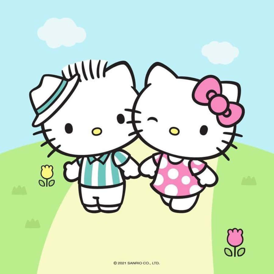 Dear Daniel 桌布 壁紙 — 兩個Hello Kitty角色喺一個有 fluffy 雲同彩色鬱金香嘅淺藍色天空下，喺一個草地山坡上拖住手。