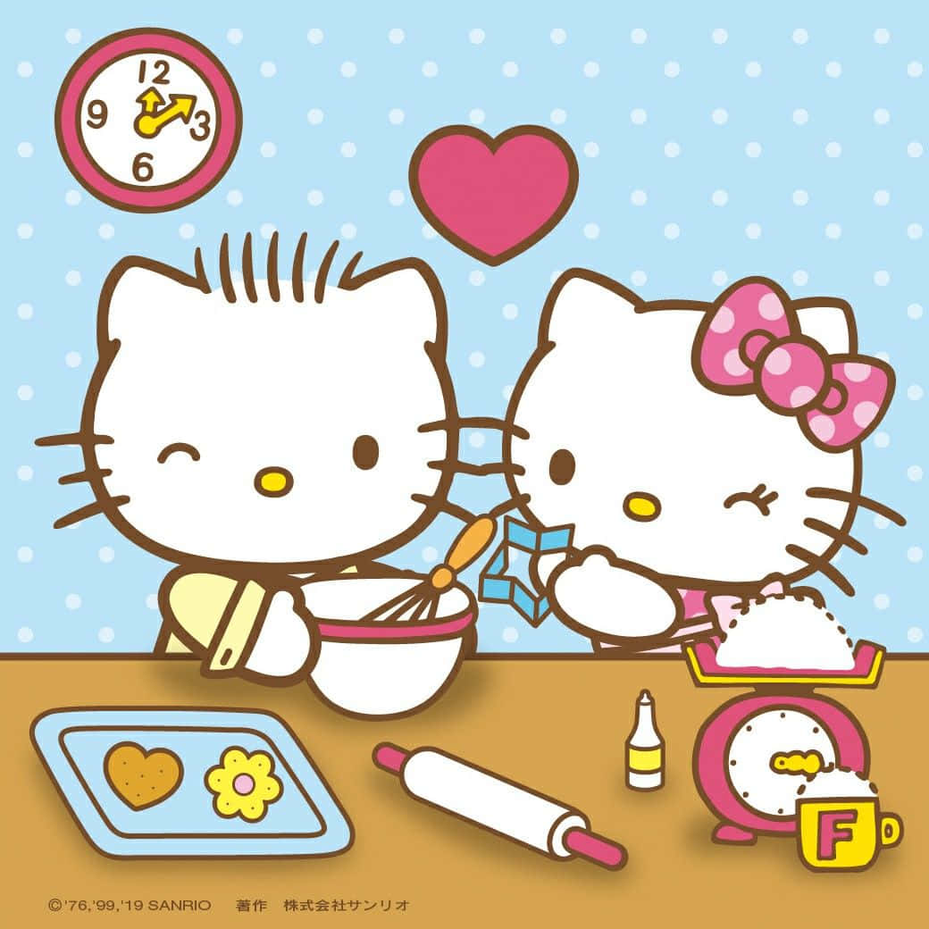 Dear Daniel 桌布 壁紙 — 兩個Hello Kitty角色在廚房桌上一起烤餅乾，配有烘焙工具和心形時鐘。