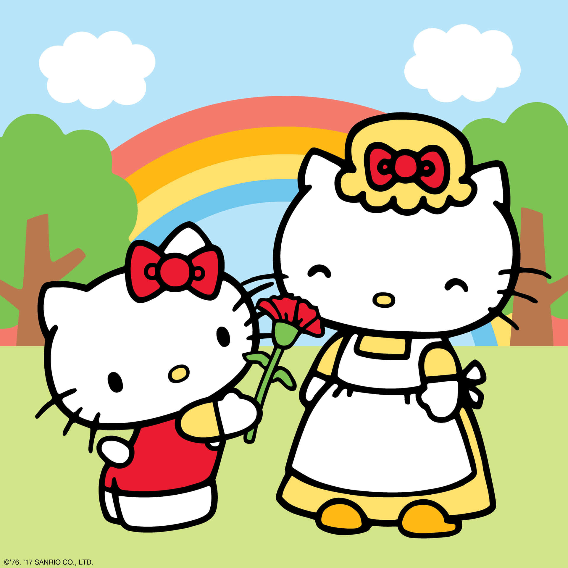 兩個Hello Kitty角色在戶外彩虹下拿著一朵花。 — 美學白色動態圖 壁紙