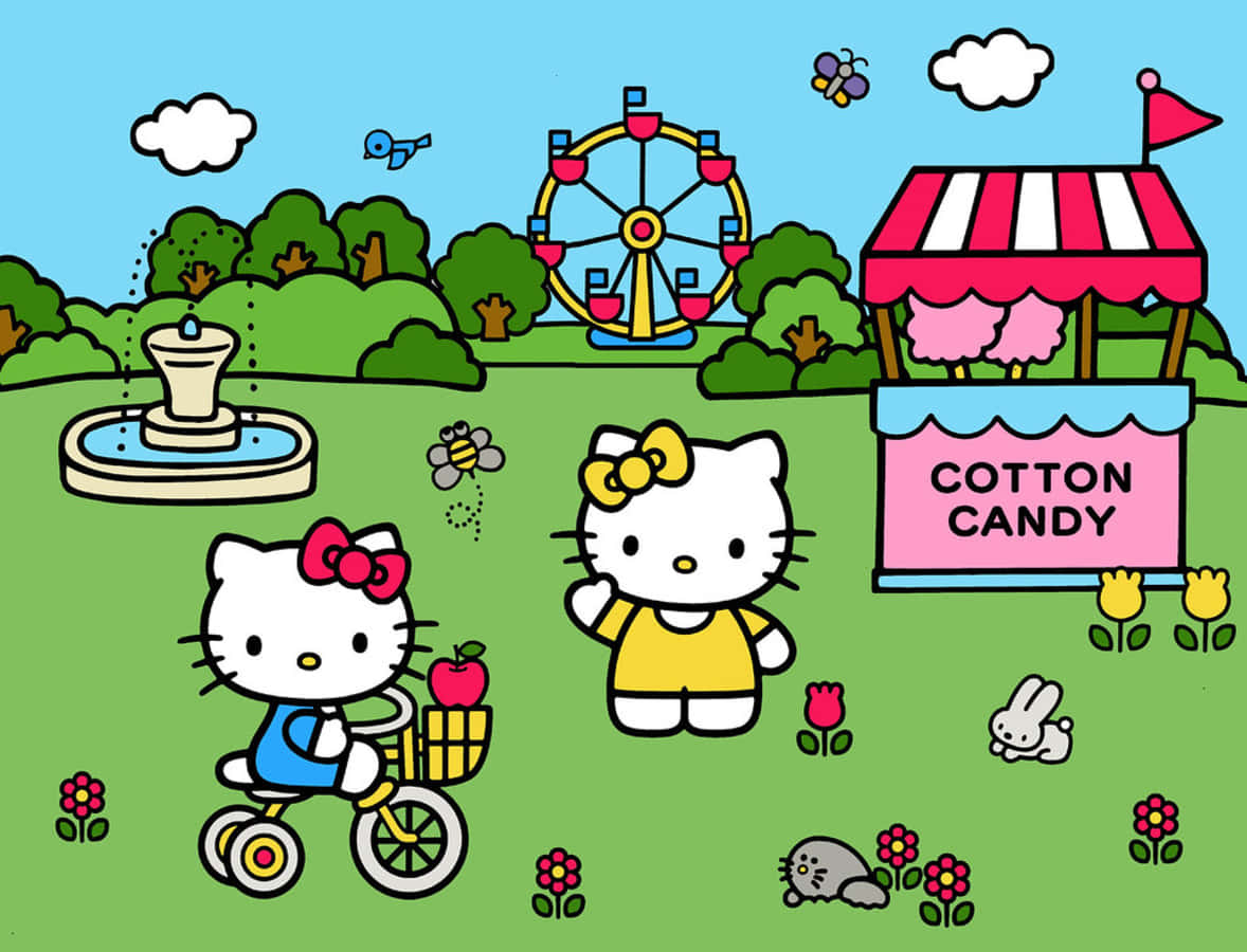 Mimmy White 桌布 壁紙 — 兩個Hello Kitty角色在陽光明媚的公園裡享受，背景有棉花糖攤位、噴泉和摩天輪。