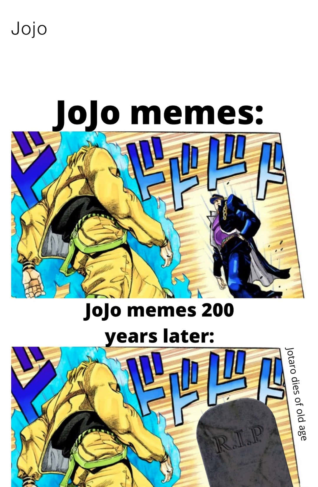 Jojo Meme 桌布 壁紙 — 兩個JoJo漫畫格顯示一個穿著黃色外套的角色與另一個角色戰鬥，下方有一個刻有R.I.P.的墓碑。
