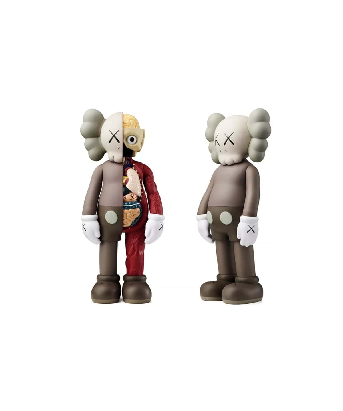 Kaws Figures 桌布 壁紙 — 兩個KAWS人偶，其中一個裂開露出內臟，背景為純白色。