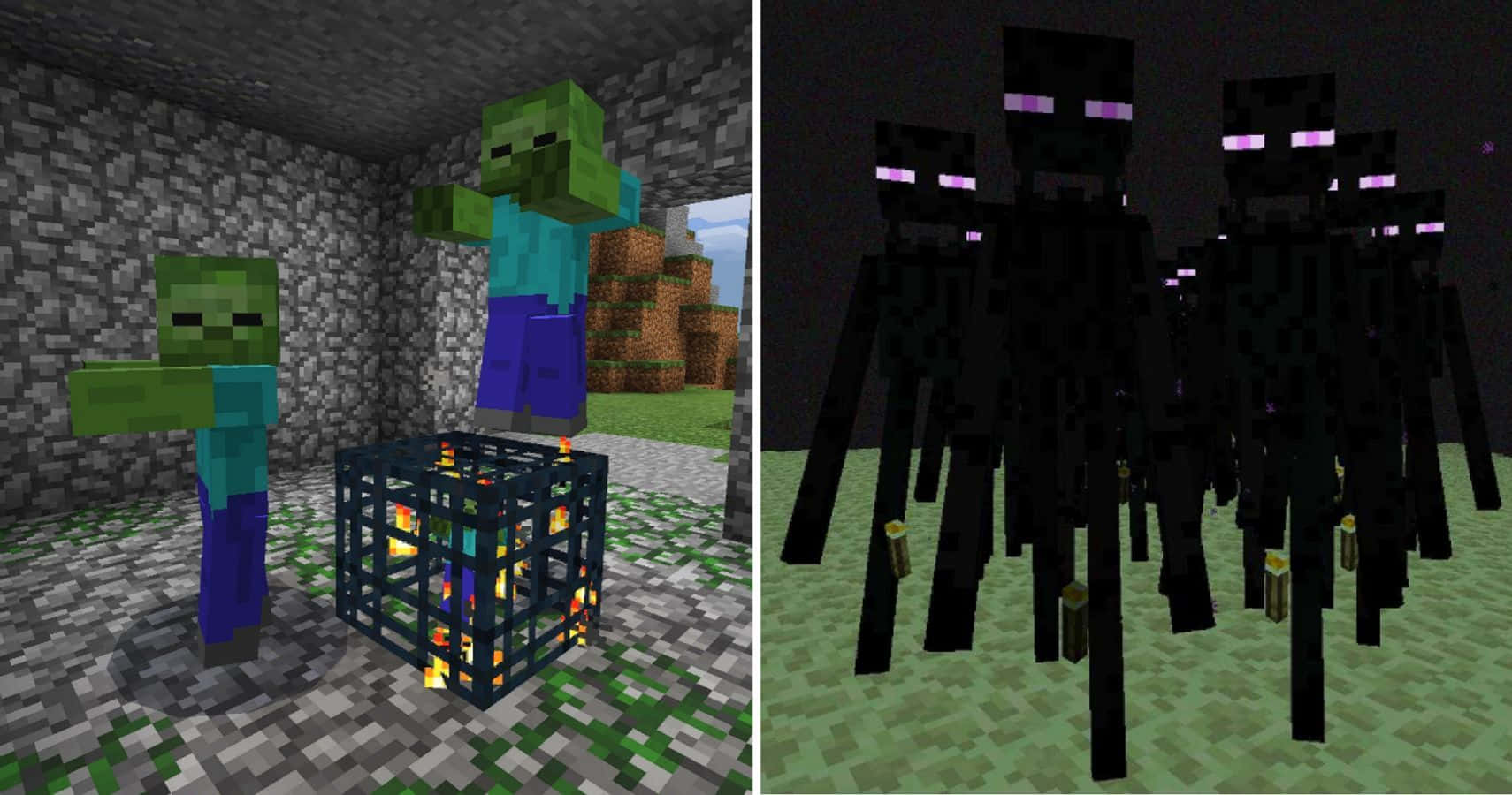 Minecraft Farming 桌布 壁紙 — 兩個Minecraft場景：熔爐附近的喪屍和黑暗草地上的終界使者群體。