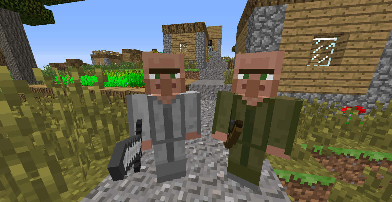 Minecraft Villager 桌布 壁紙 — 兩個Minecraft村民企喺一條鵝卵石路上面，附近有木同石頭建築物，喺一個方塊草地村莊，上面係晴朗嘅藍天。