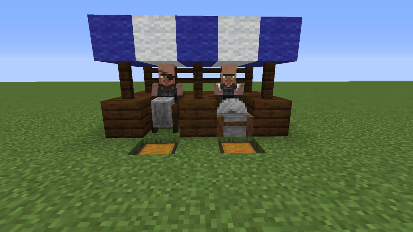Minecraft Villager 桌布 壁紙 — 兩個Minecraft村民坐在草地上一個藍白條紋遮陽篷下的木攤位。