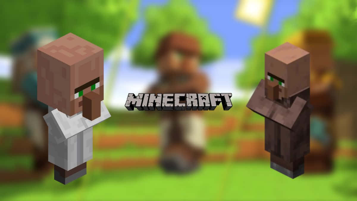 Minecraft Villager 桌布 壁紙 — 兩個Minecraft村民站在前景，背景是模糊的森林，遊戲標誌居中。