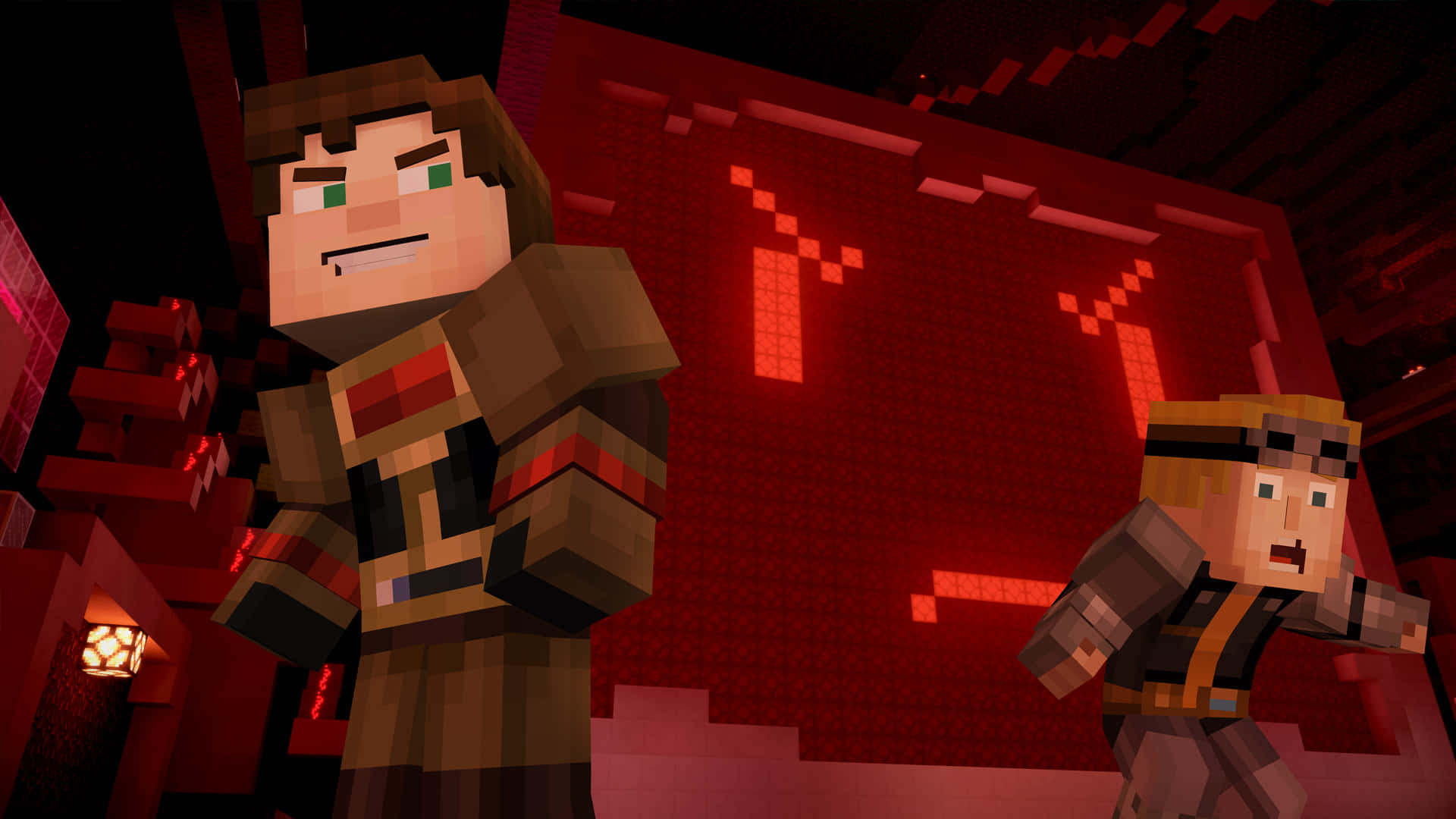 Minecraft Story Mode 桌布 壁紙 — 兩個Minecraft角色企喺一個昏暗嘅紅色像素房間入面，有發光嘅紅色方塊同一個燈籠發出溫暖嘅光。