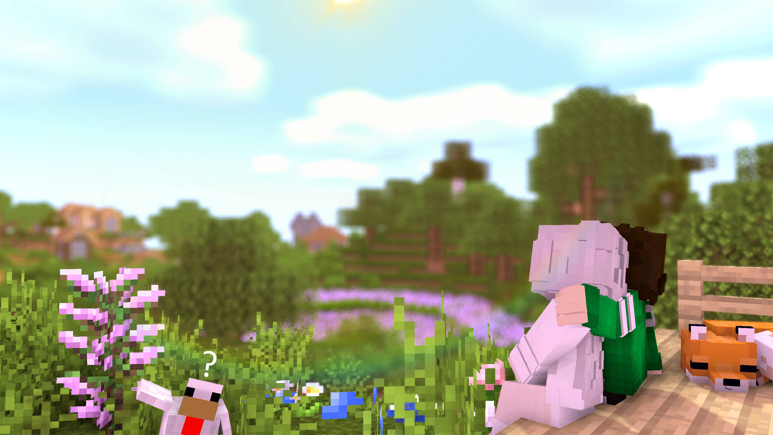 情侶 桌布 壁紙 — 兩個Minecraft角色喺一個有紫色花同狐狸附近嘅像素化草地上嘅木長凳上擁抱。