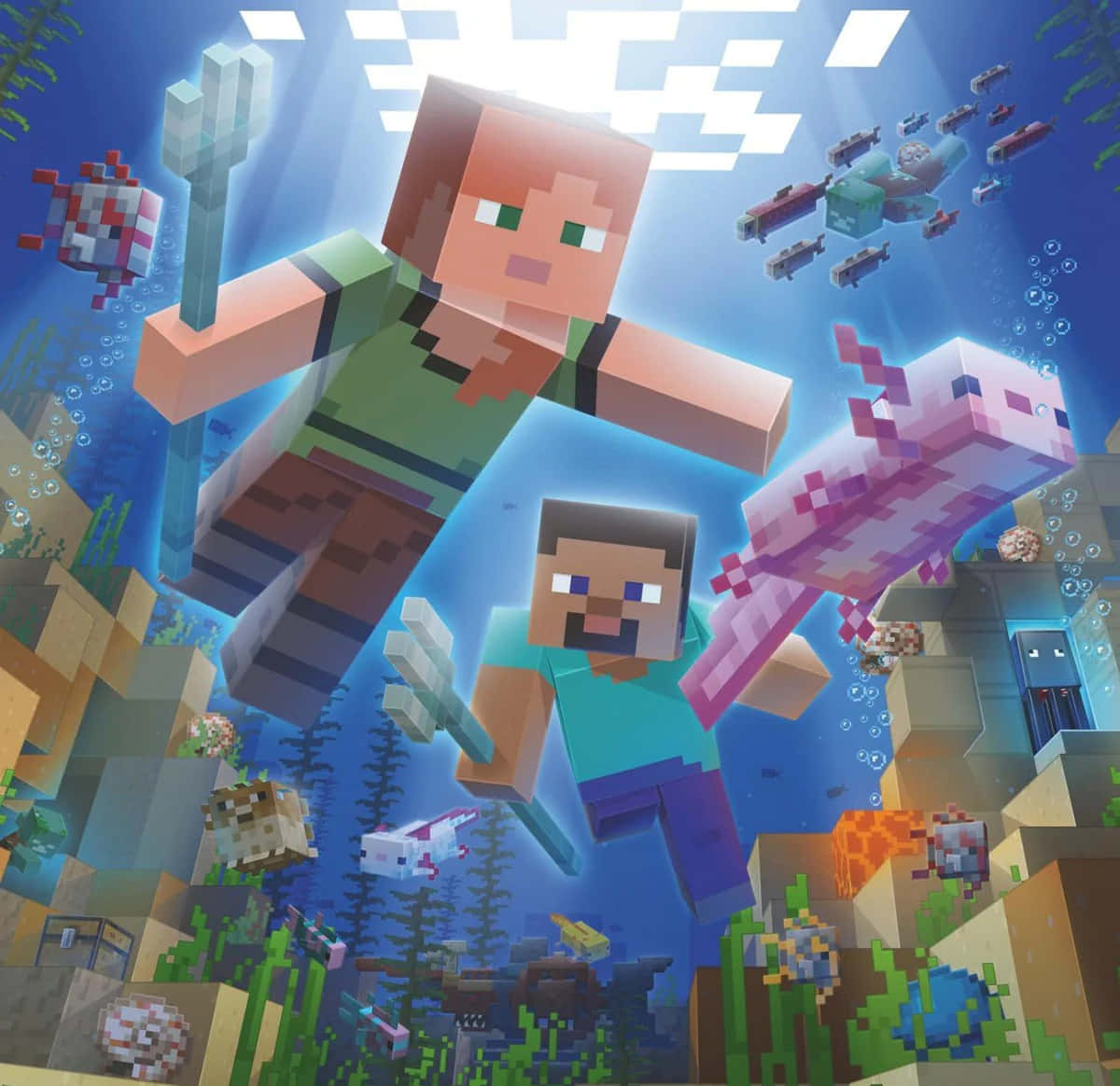 Minecraft Alex 桌布 壁紙 — 兩個Minecraft角色喺充滿像素化魚類同珊瑚嘅鮮豔藍色海洋場景中潛入水底。