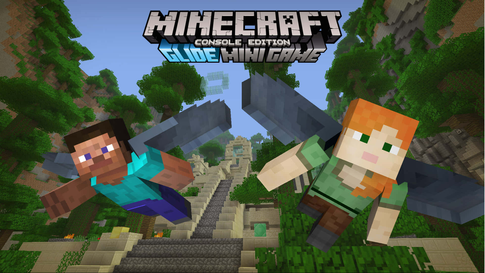 Minecraft Alex 桌布 壁紙 — 兩個Minecraft角色喺清晰藍天下，滑翔穿過一個有石梯同浮動方塊嘅像素森林峽谷。