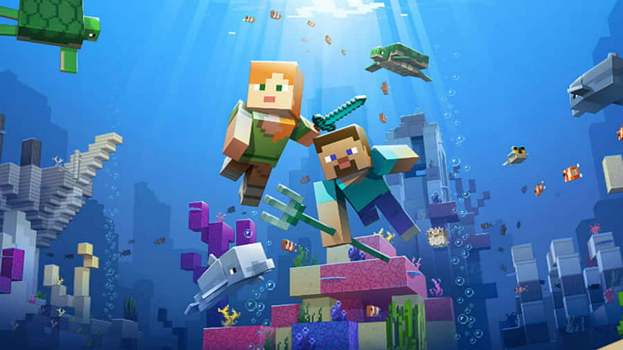 Minecraft Pocket Edition 桌布 壁紙 — 兩個Minecraft角色喺珊瑚礁、海龜同魚群之間潛入水中，呈現方塊像素化嘅海洋場景。