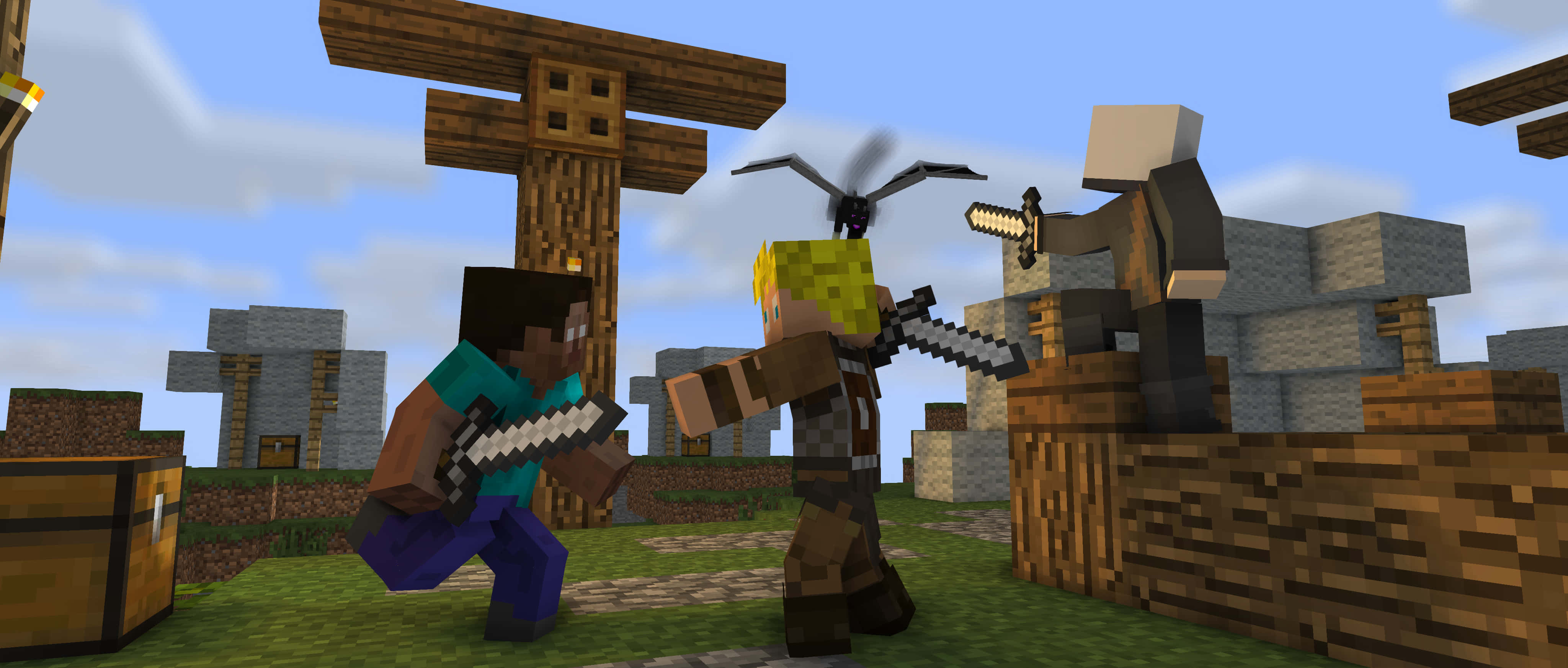 Minecraft Weapons 桌布 壁紙 — 兩個Minecraft角色在像素化村莊中，於明亮的藍天下用劍交鋒。