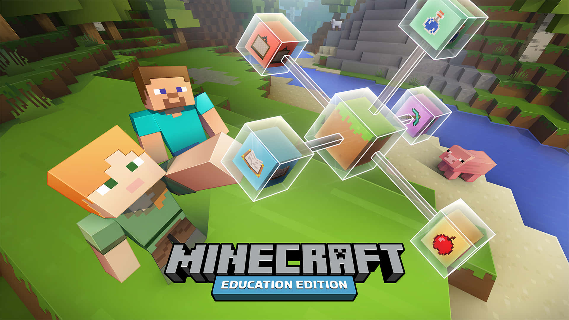 Minecraft Education Edition 桌布 壁紙 — 兩個Minecraft角色坐在河邊的草地上，浮動方塊展示遊戲物品，呈現充滿活力的方塊世界。