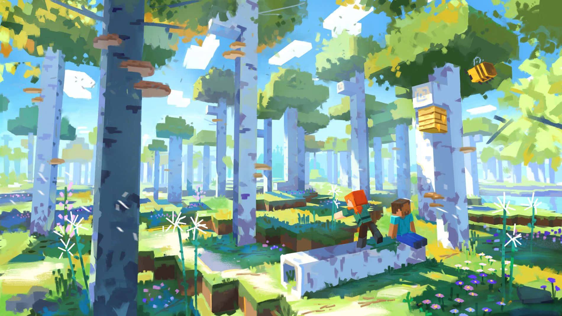 Minecraft Art 桌布 壁紙 — 兩個Minecraft角色探索陽光明媚的白樺林，有浮動方塊和一隻蜜蜂在蜂巢附近嗡嗡作響。