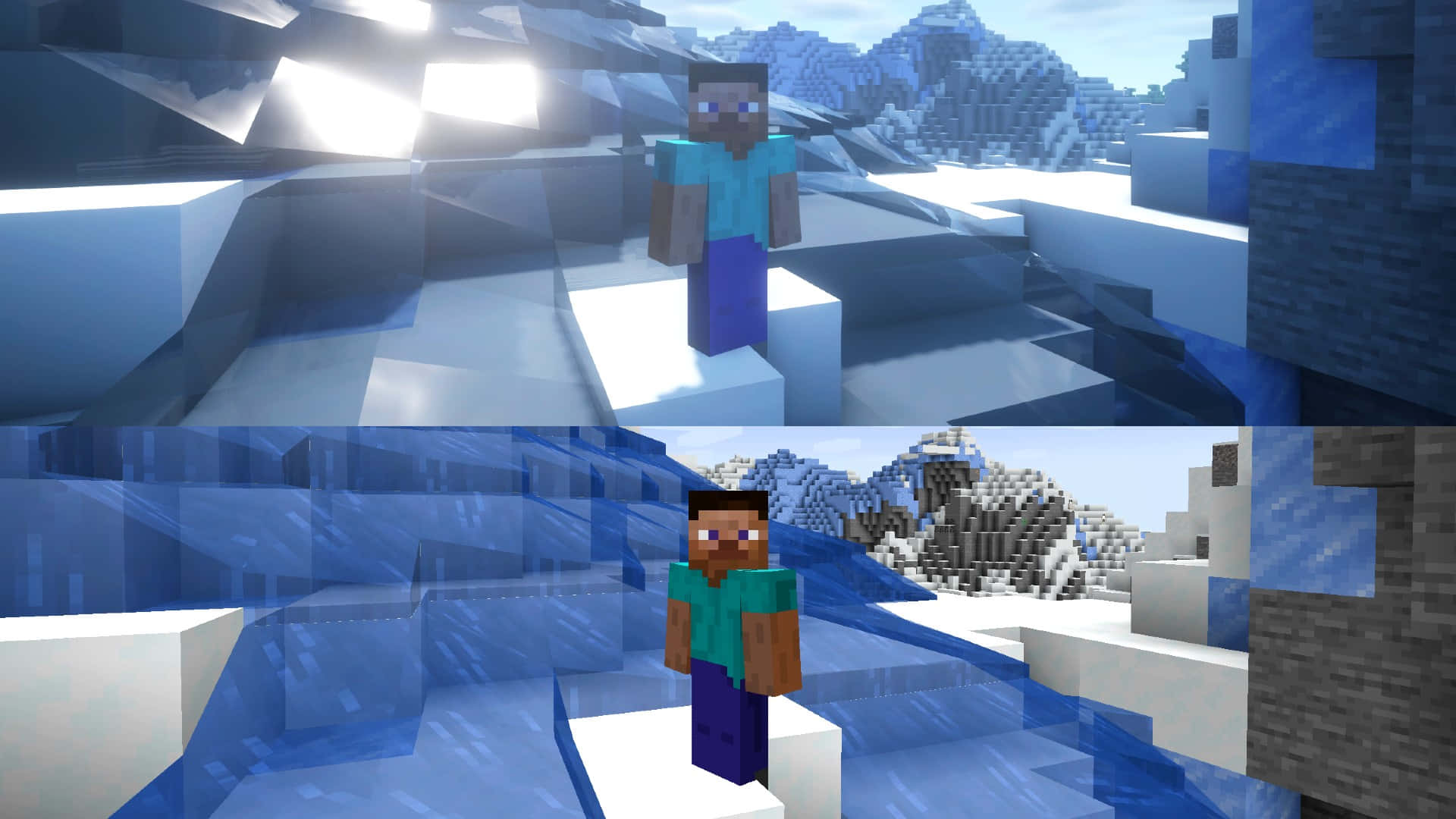 Minecraft Mods 桌布 壁紙 — 兩個Minecraft角色站在一個雪地生物群落中，有塊狀的冰層結構和遠處的山脈，天空明亮。