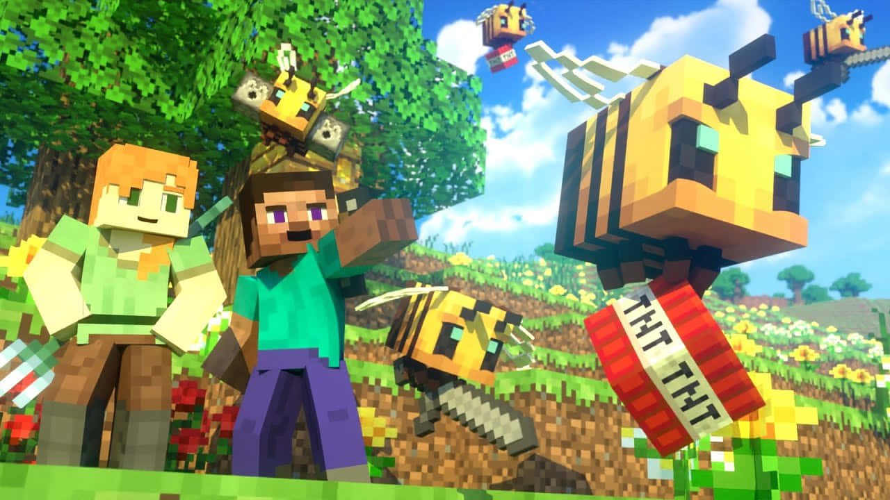 Minecraft Alex 桌布 壁紙 — 兩個Minecraft角色站在充滿活力的像素化田野中，巨型蜜蜂伴隨著嗡嗡聲效在他們周圍飛舞。