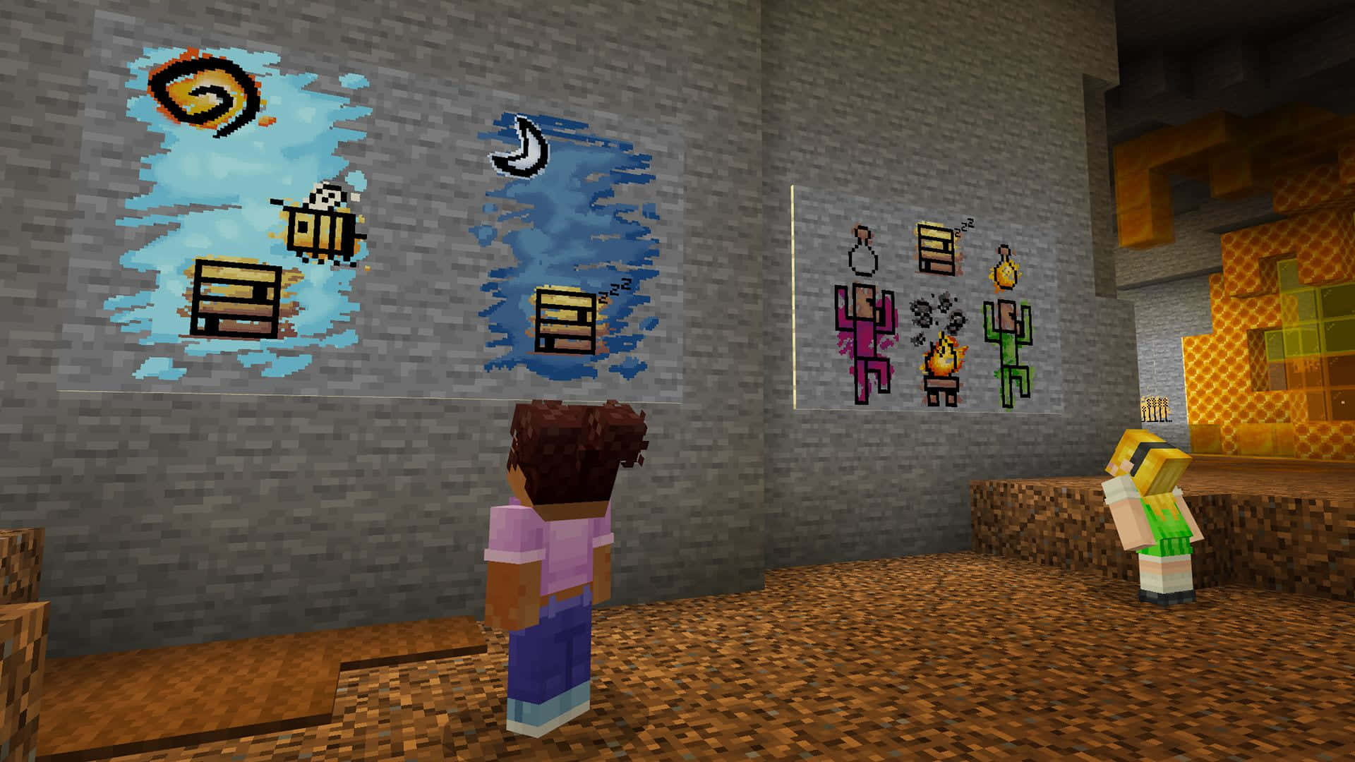 Minecraft Map 桌布 壁紙 — 兩個Minecraft角色站在石室中欣賞牆上描繪天體和藥水主題場景的像素藝術壁畫。