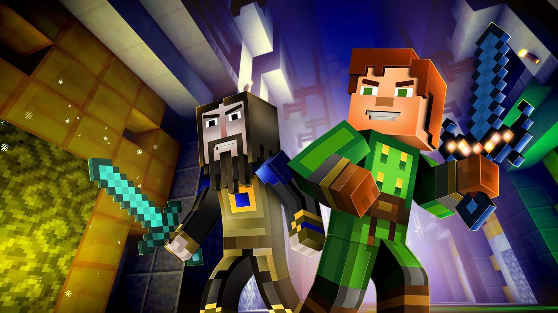 Minecraft Story Mode 桌布 壁紙 — 兩個Minecraft角色身穿像素盔甲，在方塊地牢中手持發光劍準備就緒。