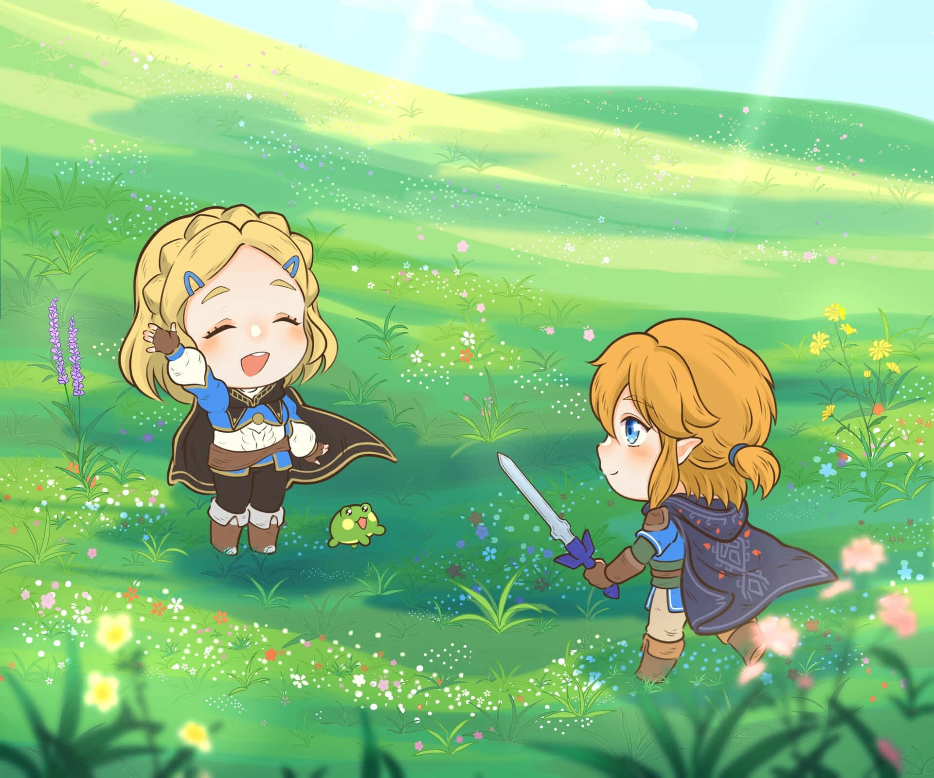The Legend Of Zelda Tears Of The Kingdom 桌布 壁紙 — 兩個Q版冒險家喺陽光普照嘅草地上，周圍有野花同一隻小青蛙，一個拎住劍，另一個開心咁笑緊。