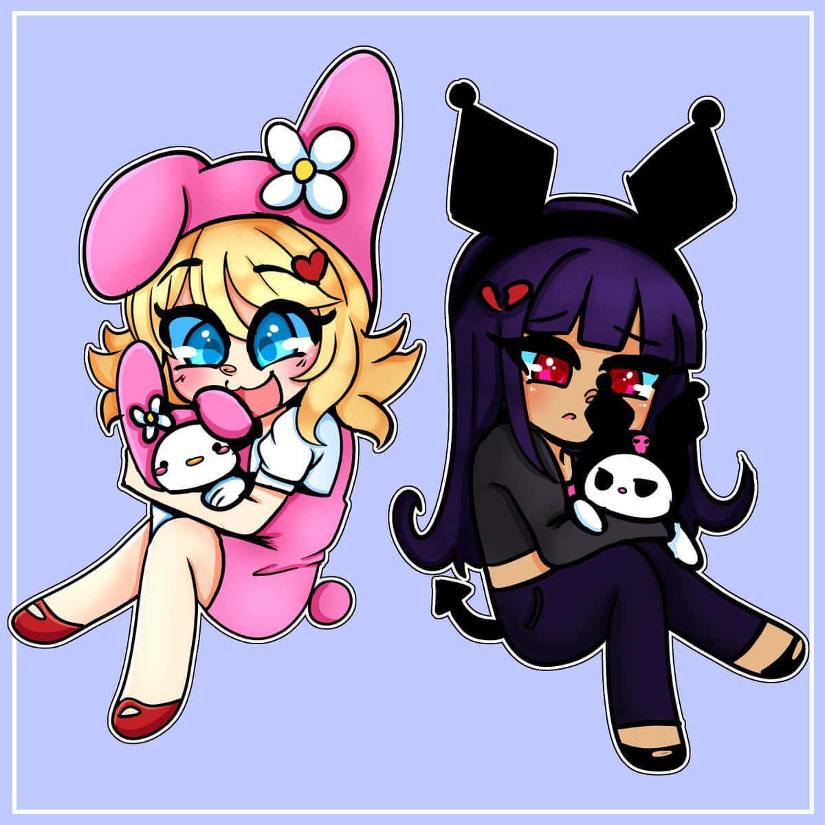 Kuromi Fanart 桌布 壁紙 — 兩個Q版動漫女孩，一個粉紅色一個黑色，並排坐著，各自抱著一個小毛絨玩具，背景是柔和的薰衣草色。