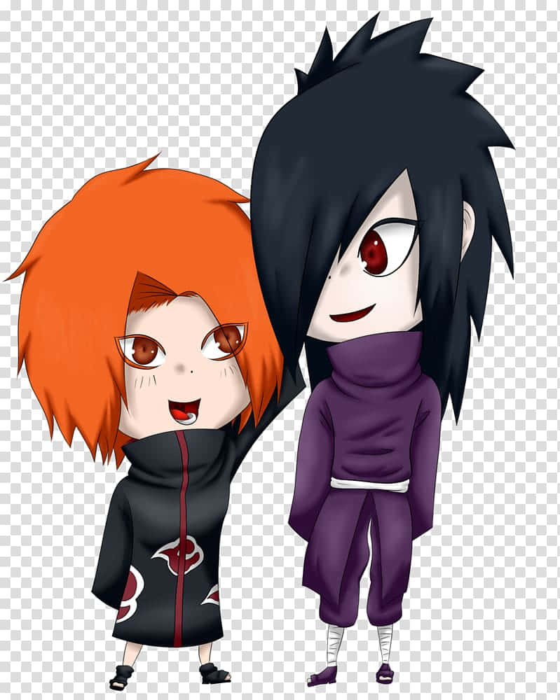 Akatsuki Chibi 桌布 壁紙 — 兩個Q版動漫角色，一個有橙色頭髮和紅色眼睛，穿著黑色斗篷；另一個有黑色頭髮和紅色眼睛，穿著紫色服裝，並排站立。