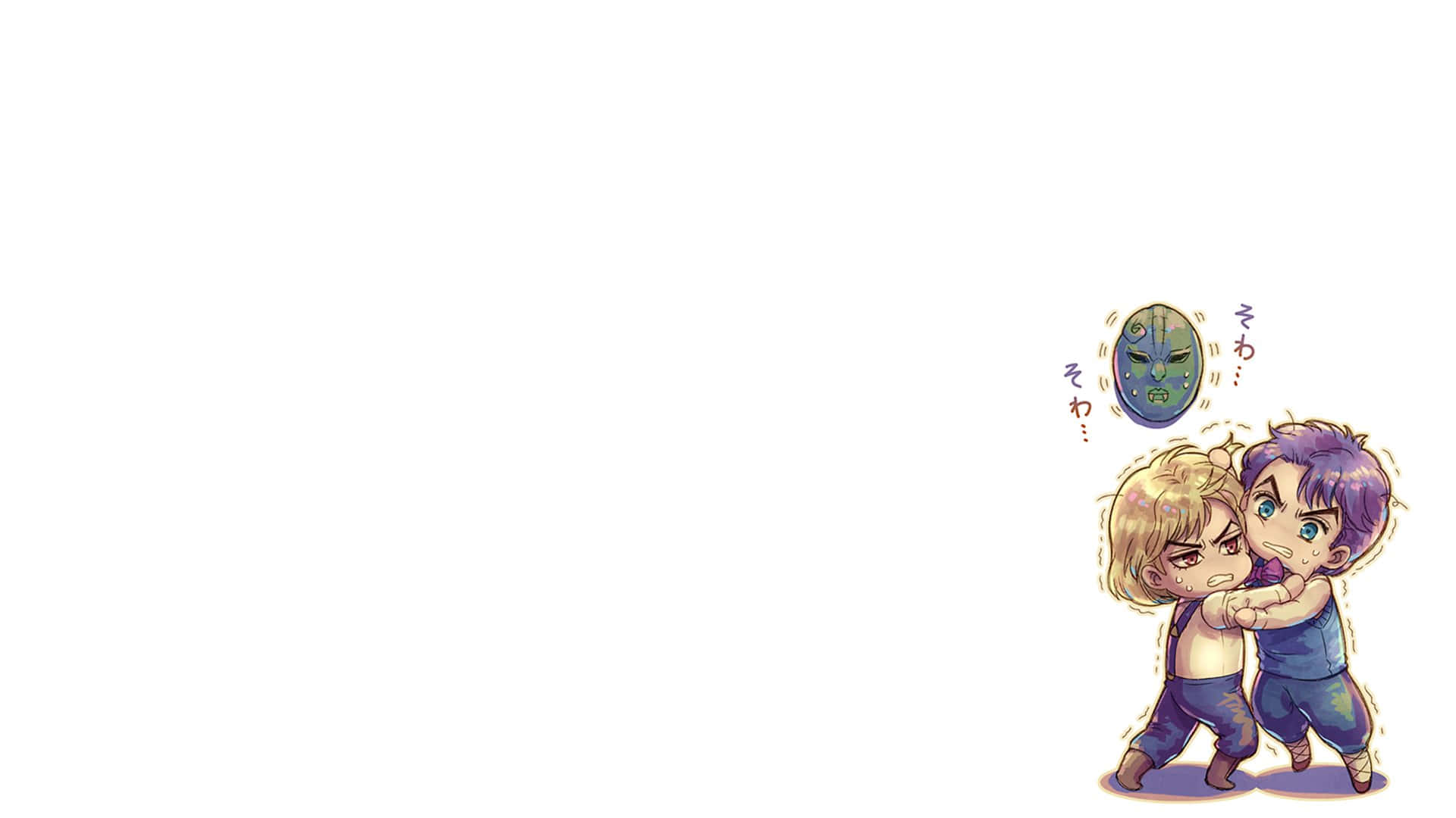 Phantom Blood 桌布 壁紙 — 兩個Q版動畫男孩在一個帶有日文字樣的漂浮憤怒面具旁嬉戲扭打。