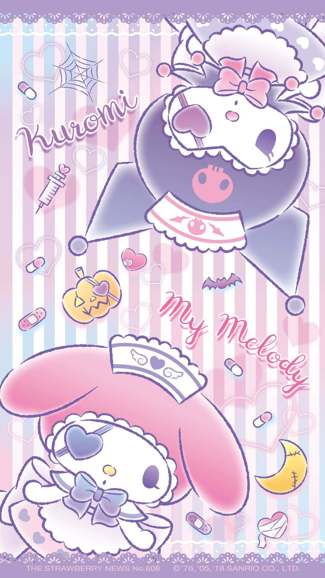 Kuromi And My Melody 桌布 壁紙 — 兩個Sanrio角色Kuromi和My Melody穿著護士服，在條紋背景上漂浮於心形、藥丸和恐怖裝飾之間。