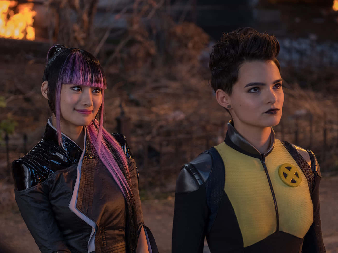 Negasonic Teenage Warhead 桌布 壁紙 — 兩個X-Men角色並肩站立在一個火熱的戶外場景中，一個有紫色頭髮，另一個穿著黃色和黑色的制服。