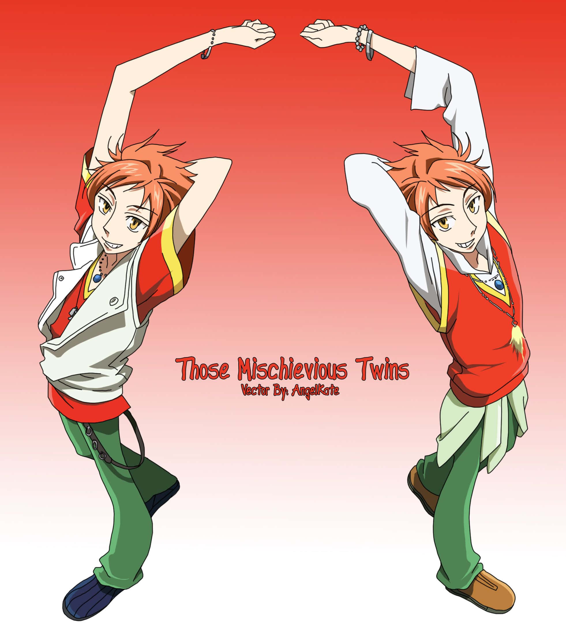Kaoru Hitachiin 桌布 壁紙 — 兩個一模一樣的動漫雙胞胎，有著尖尖的橙色頭髮，在漸變紅色背景前擺出俏皮的鏡像姿勢。
