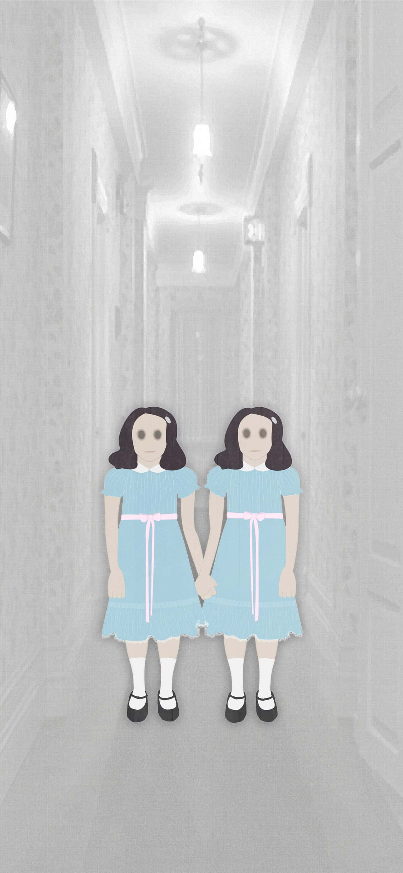 Halloween Phone 桌布 壁紙 — 兩個一模一樣的女孩穿著淺藍色連衣裙，手牽手站在一條長長、燈光昏暗、華麗的走廊裡。
