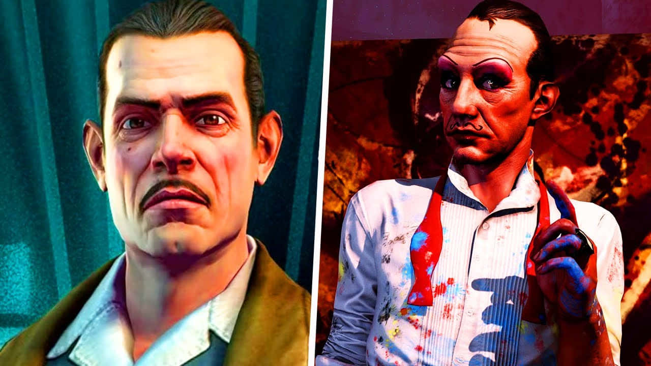 Bioshock Characters 桌布 壁紙 — 兩個不同男性角色的分屏肖像，一個色調柔和，另一個穿著鮮豔的油漆飛濺服裝。