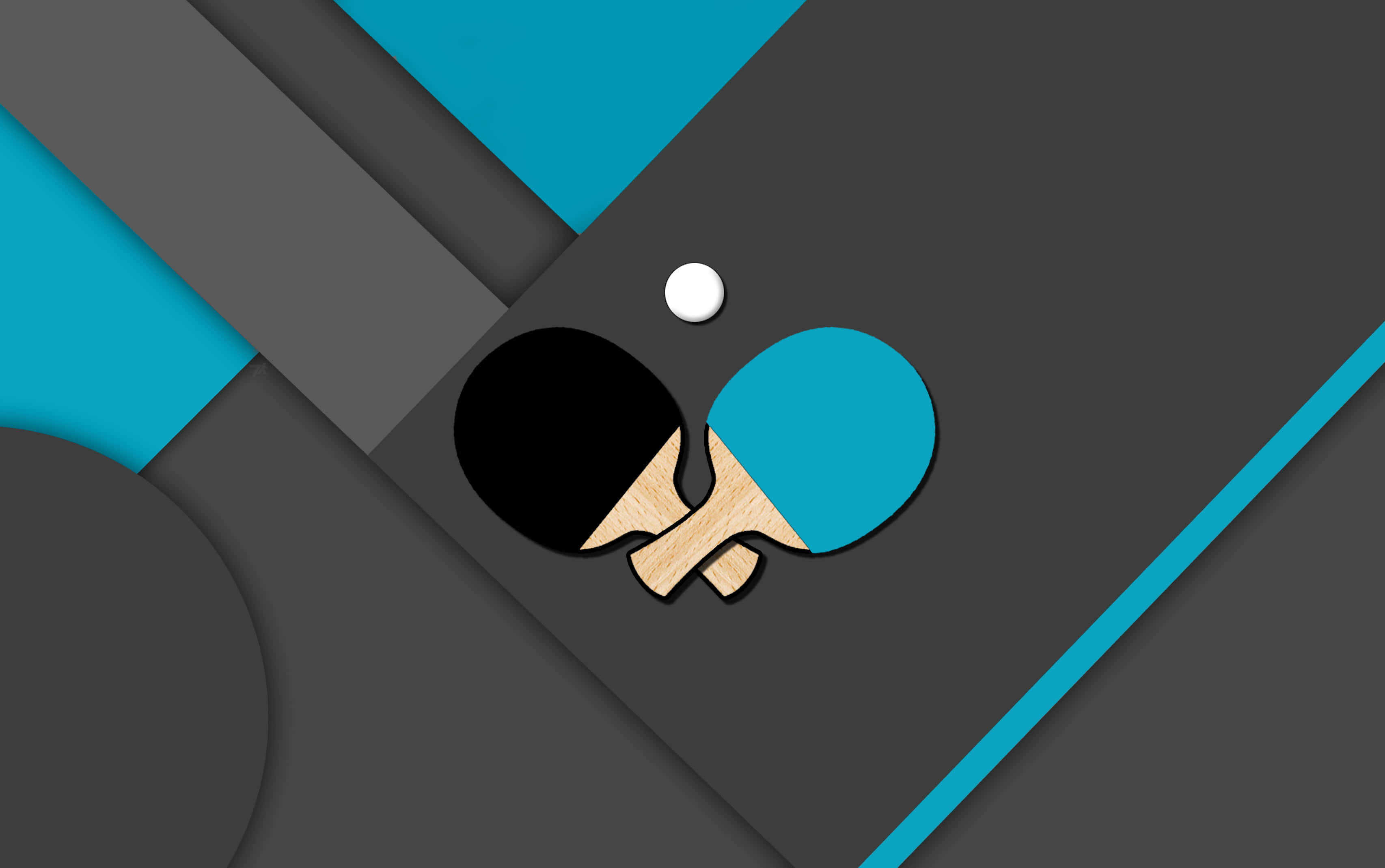 Table Tennis 桌布 壁紙 — 兩個乒乓球拍和一個球放在灰色和藍綠色的幾何背景上。