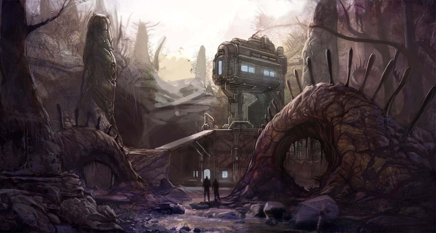 Halo Flood 桌布 壁紙 — 兩個人影站在一座腐朽的科幻建築前，周圍是扭曲的森林，佈滿巨大的樹根和破損的機械。