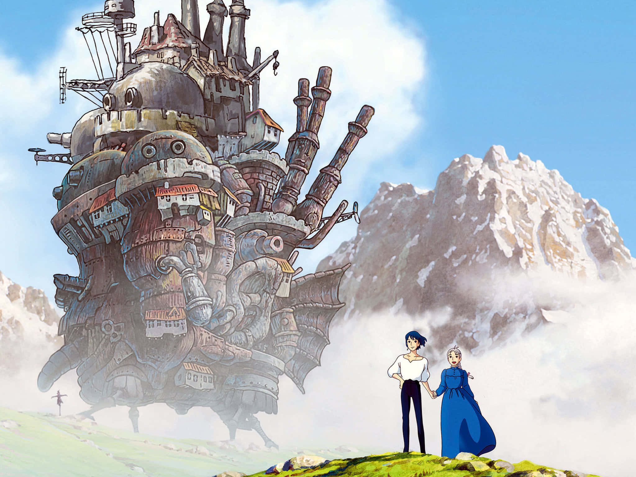 Hayao Miyazaki Movies 桌布 壁紙 — 兩個人影站在長滿草的山丘上，凝視著一座巨大的浮動機械城市，背景是白雪覆蓋的山脈和明亮的藍天。