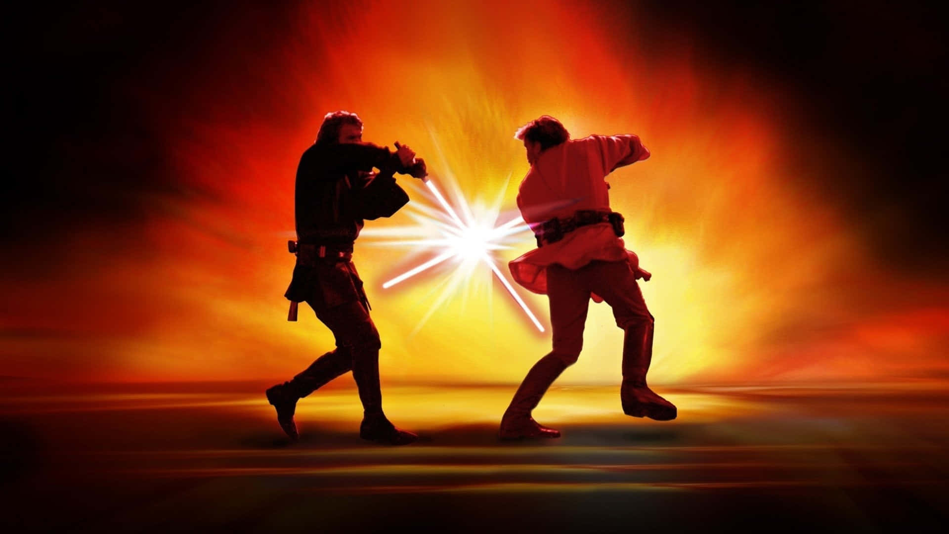 Mustafar 桌布 壁紙 — 兩個人物在熾熱的橙紅色背景下，用發光的激光劍決鬥，並有耀眼的光束。