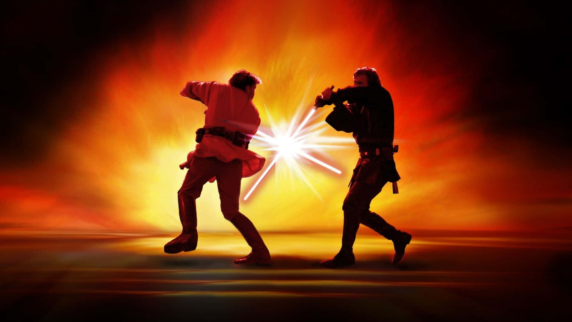 Mustafar 桌布 壁紙 — 兩個人物在熾熱的橙黃色背景上進行戲劇性的光劍決鬥，伴隨爆炸性的光效。
